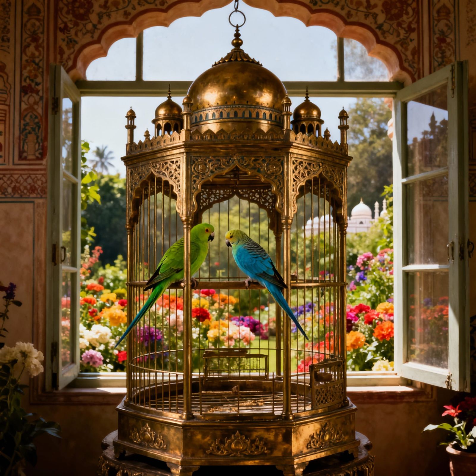 A large brass bird cage inspired by the Taj Mahal with colourful green and blue parakeets , the back ...  by @Maria Simoes Coelho