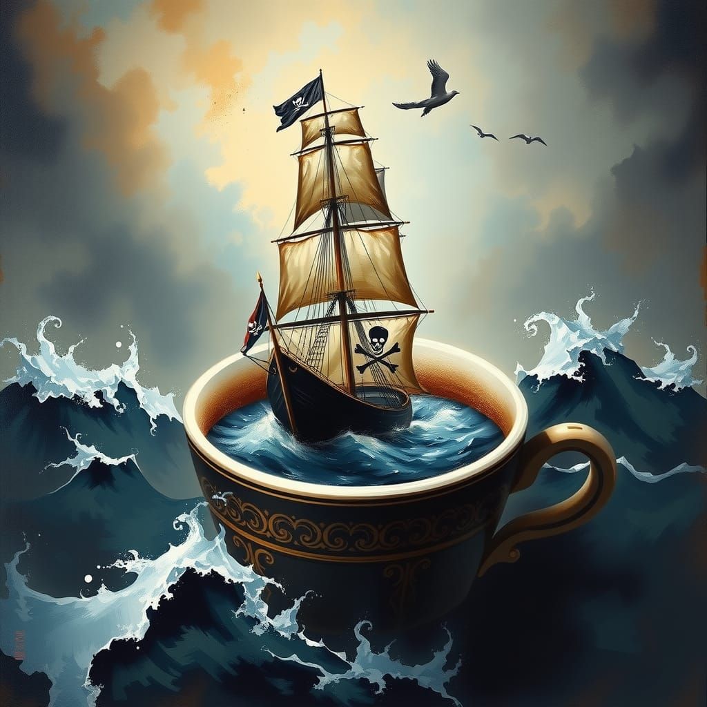 Sailing ship with black sails with Jolly Roger in a very rou...
