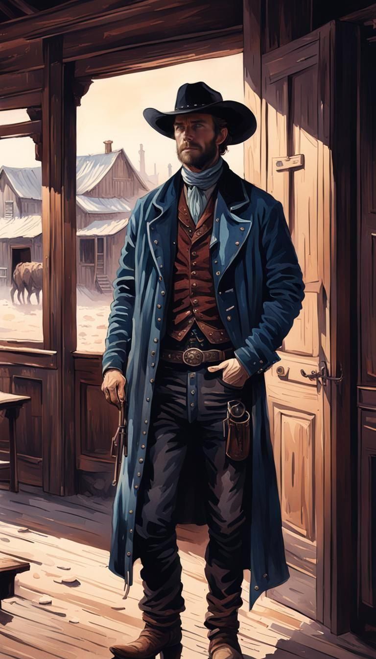 Cowboy in Saloon Watercolor Painting