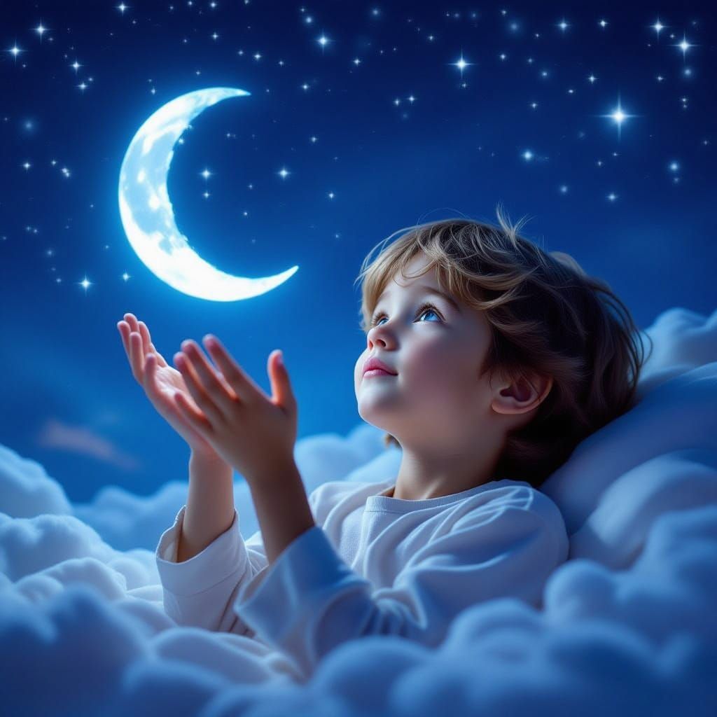 Surreal Young Boy Reaches for the Moon in a Dreamlike Celest...