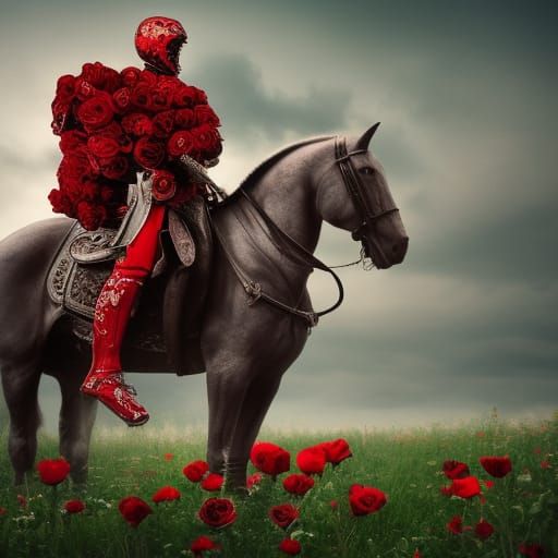 Flower Knight, Knight in armor, on armored horse surrounded, field of