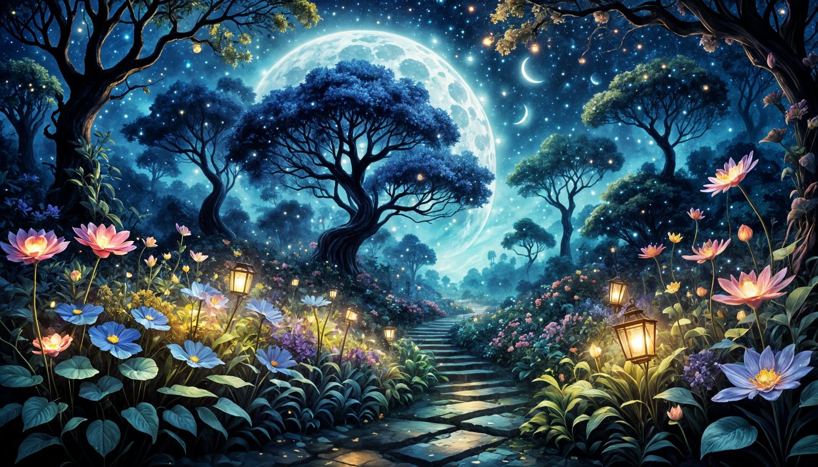 Surreal Floral Garden at Night in Cosmic Style