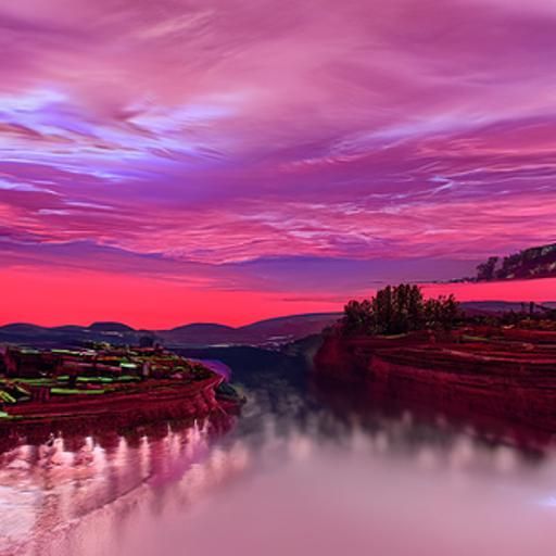 River valley at dawn, red and purple skies, 4K resolution