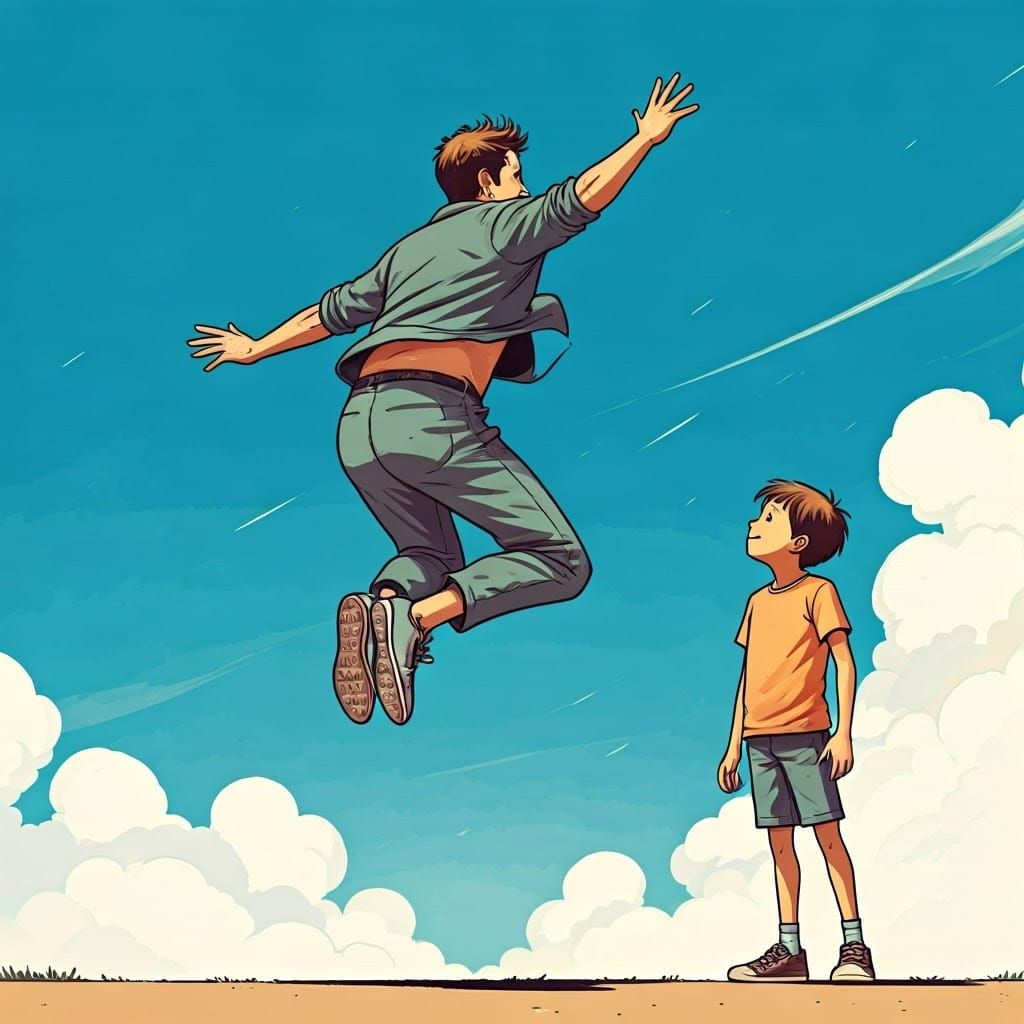 Man soars through air with young admirer by his side in vibr...