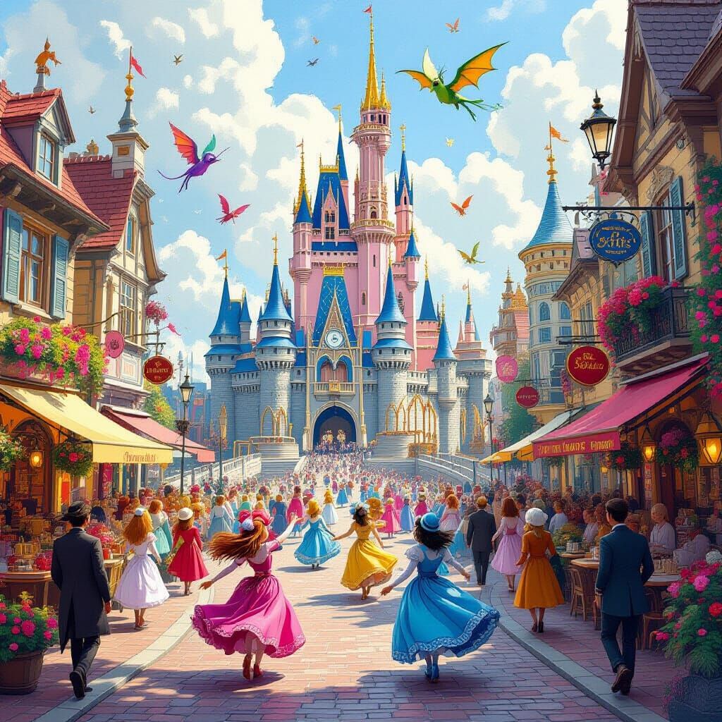 Fantastic Cityscape with Dancing Figures, Vibrant Art