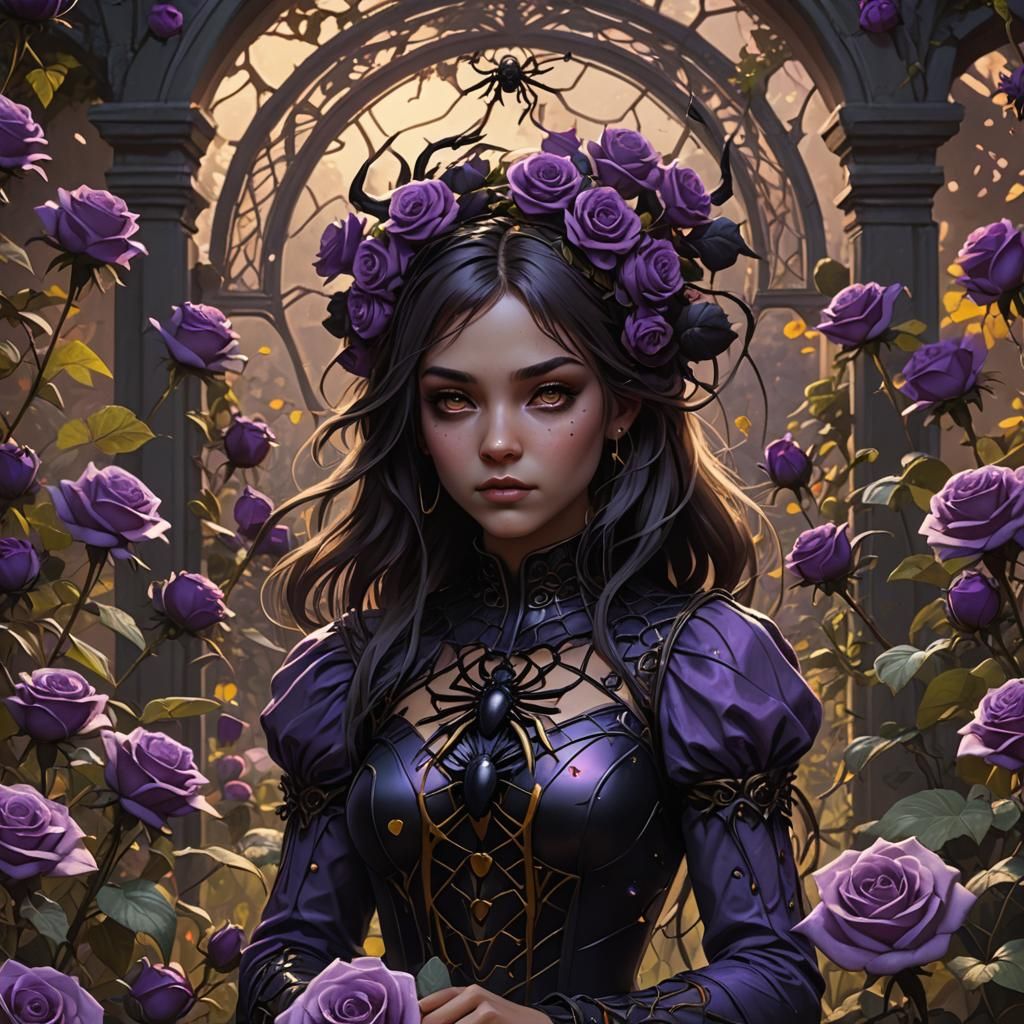 cute girl, princess of spiders, rose garden, black and purpl...