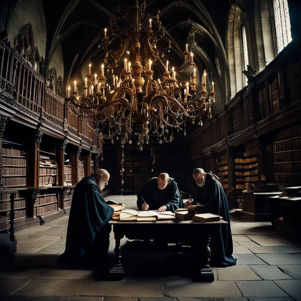 (Library_abbey_medieval_monks_writing_books_full_of_old_books_desks ...