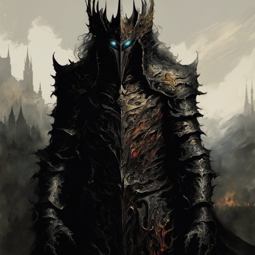 sauron with black armour, magic the gathering art style, by Richard ...