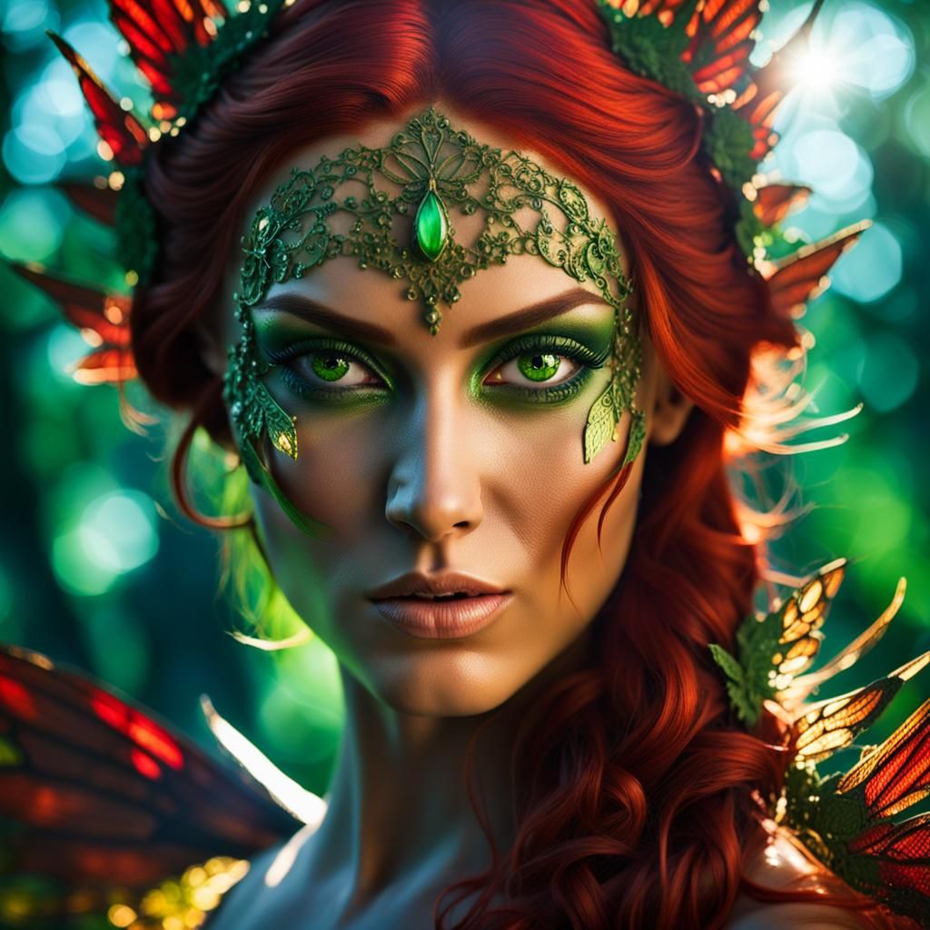 elf goddess, queen, fairy wings, bikini, red hair, fierce gr...