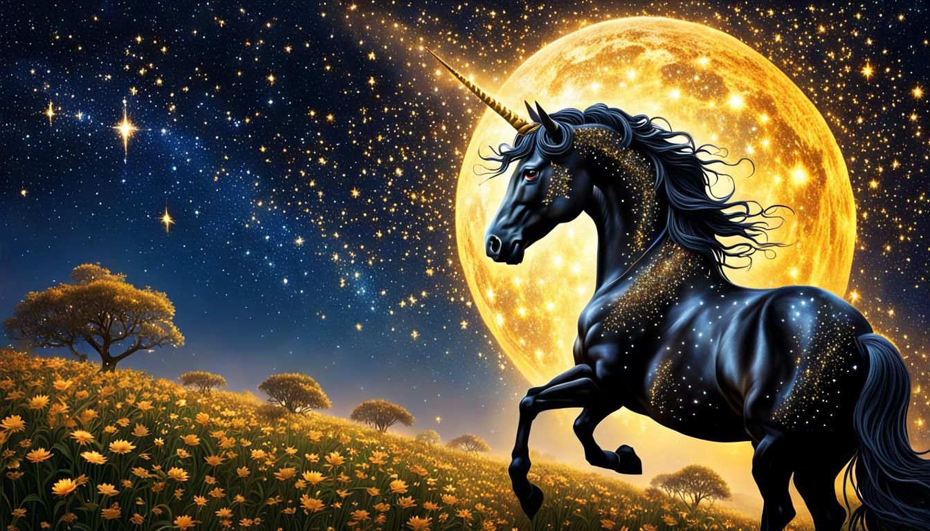 A black starry sparkling unicorn  by @Bunnzo