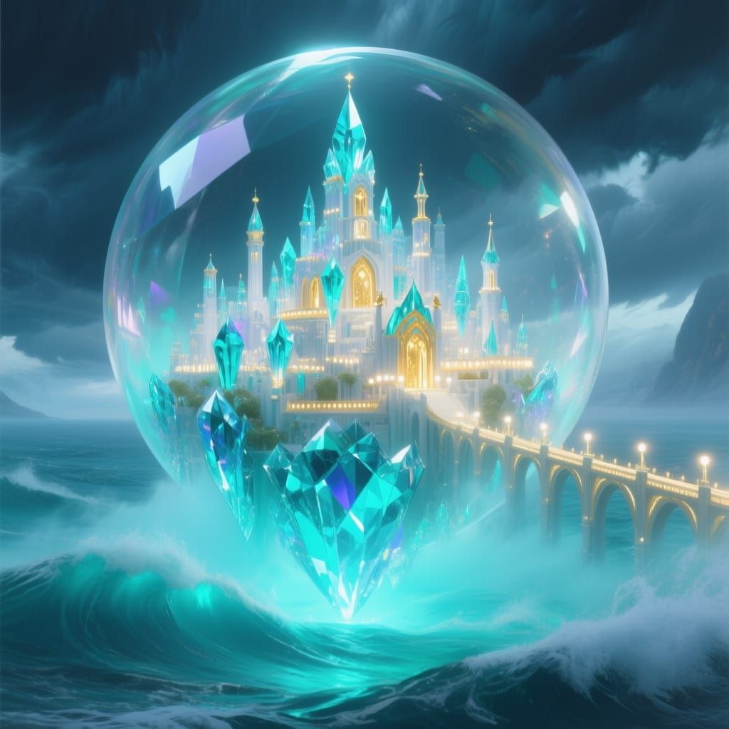 Crystal City in Bubble over Ocean, Fantasy Art