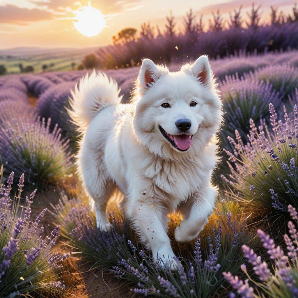 Samoyed in Lavender Field: Wet-on-Wet Watercolor