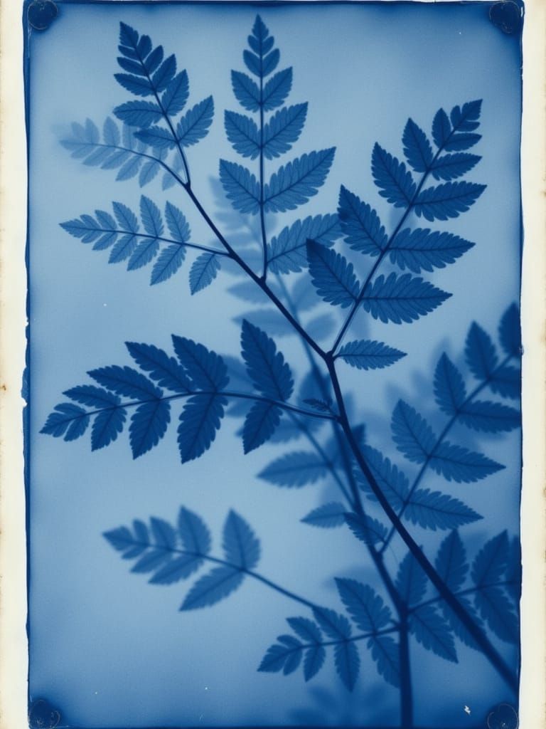 <lora:Cyanotopia:1.0> cyanotype rayograph rayogram shadow image of leaves