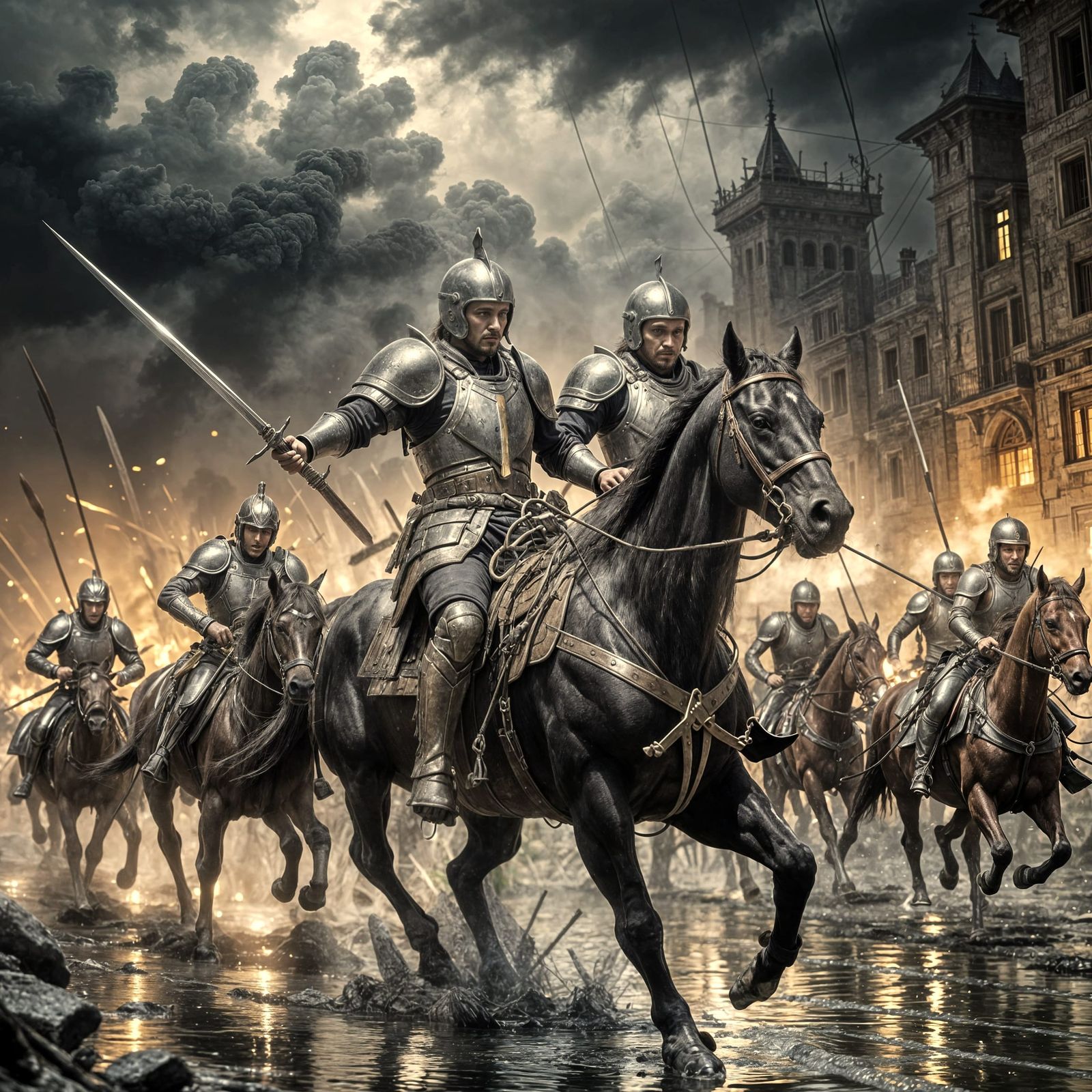 Two Knights in Fierce Sword Battle with Reflections, Texture...