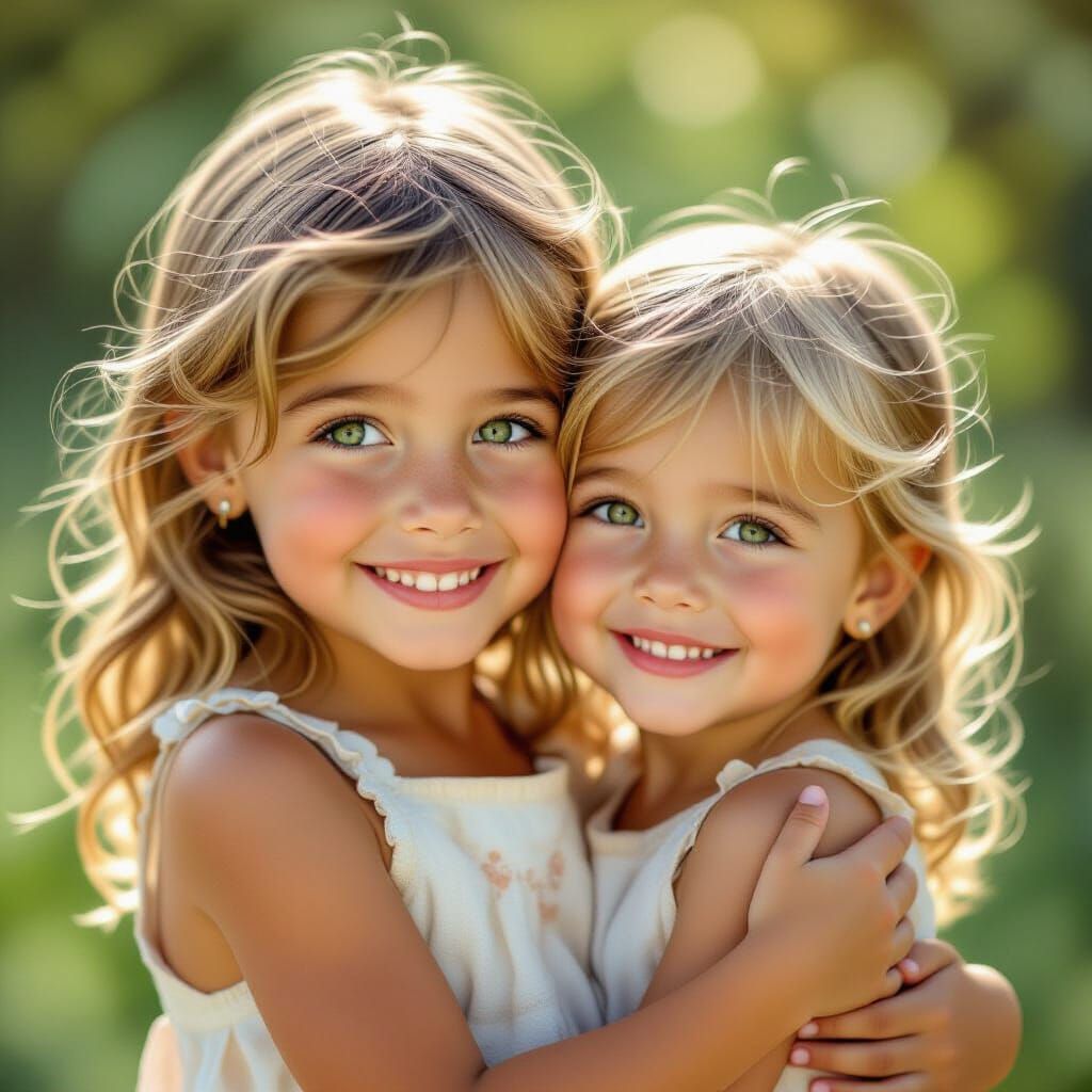 Joyful Sisters with Green Eyes in Painterly Style