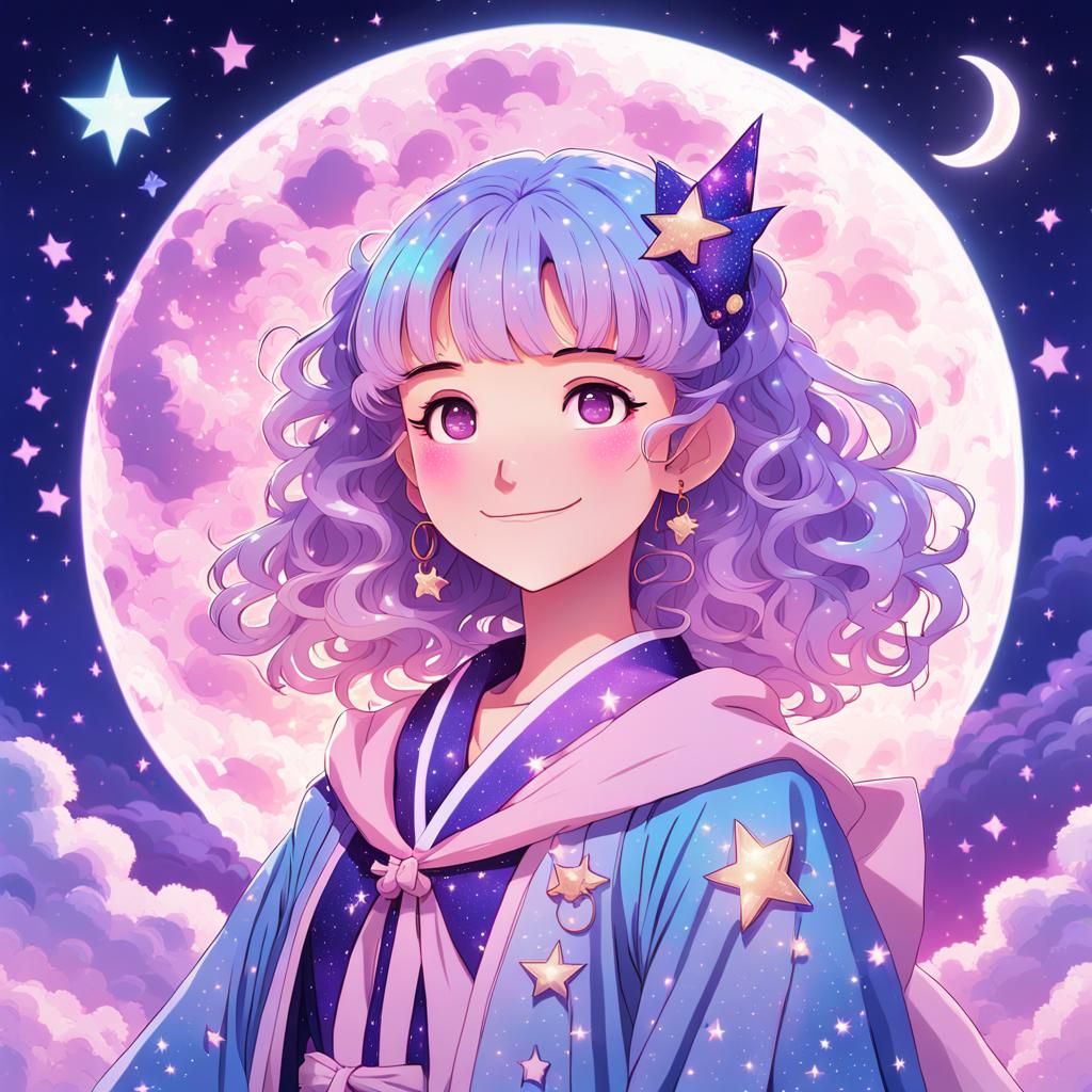 Pastel Anime Star Witch Portrait in Kawaii Style