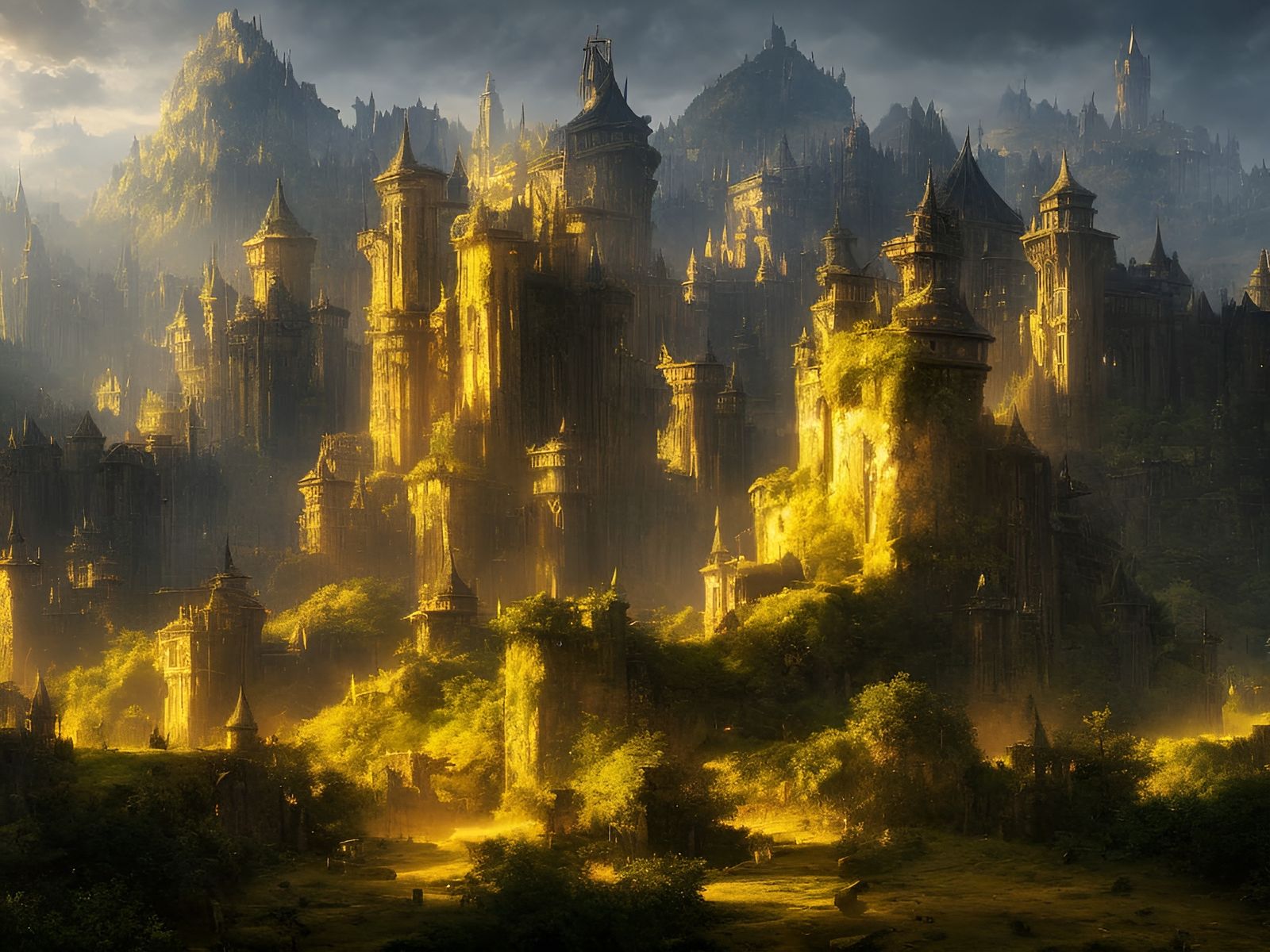 A medieval fantasy city with several floor stone and wood buildings and ...