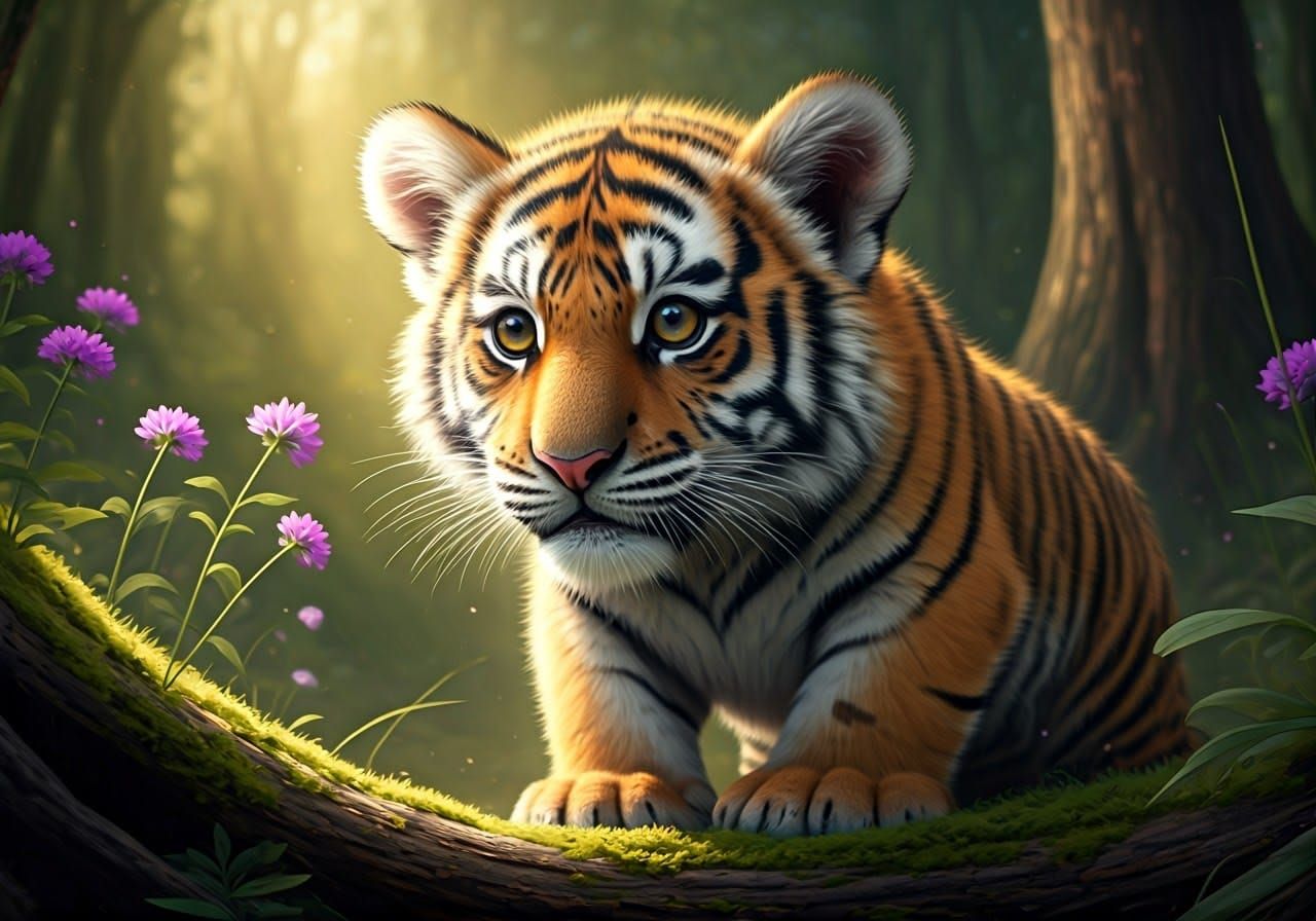 Tiger Senses the Sweetness of Wildflowers in a Sunlit Forest