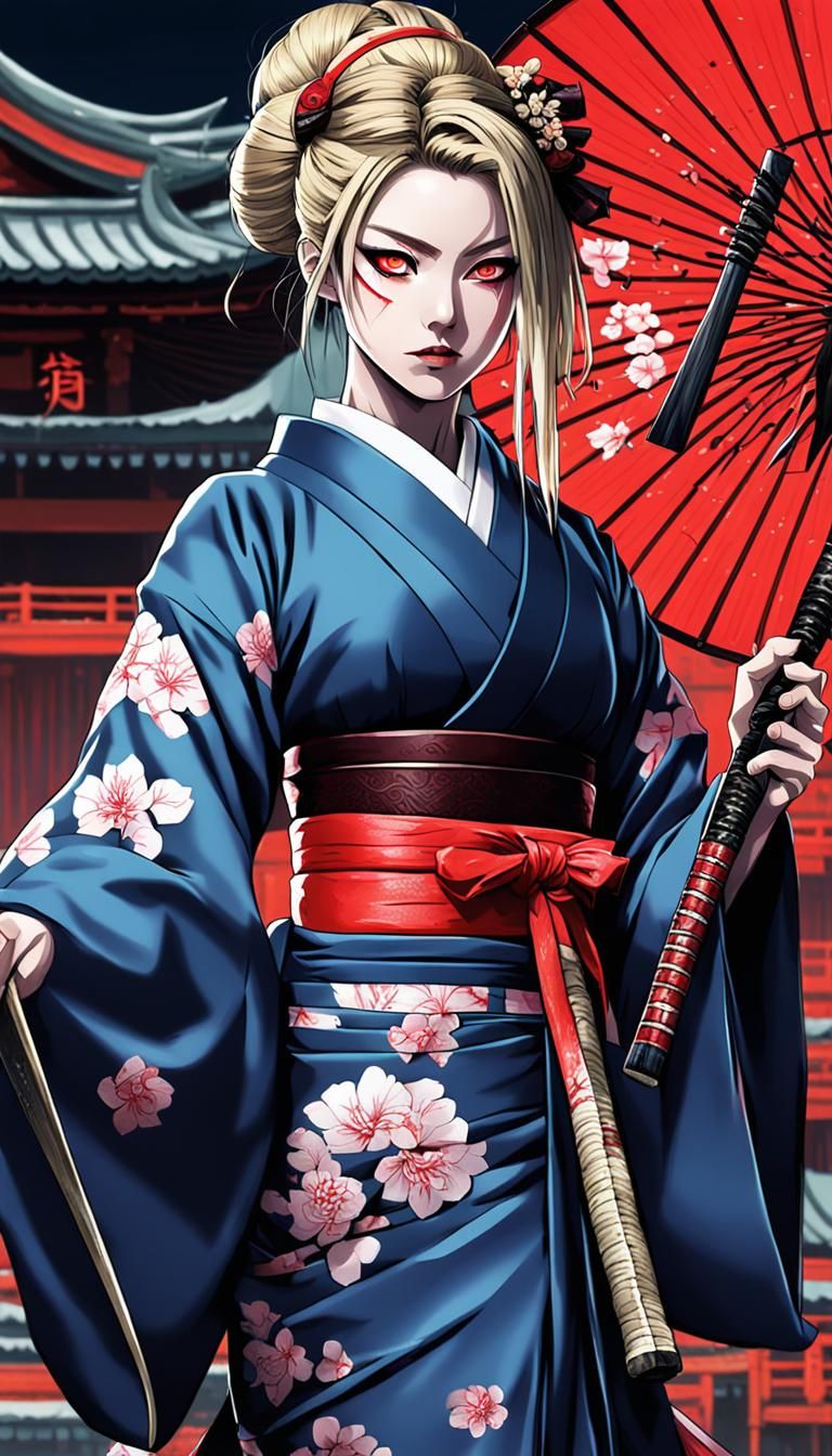 geisha samuray with katana and blood