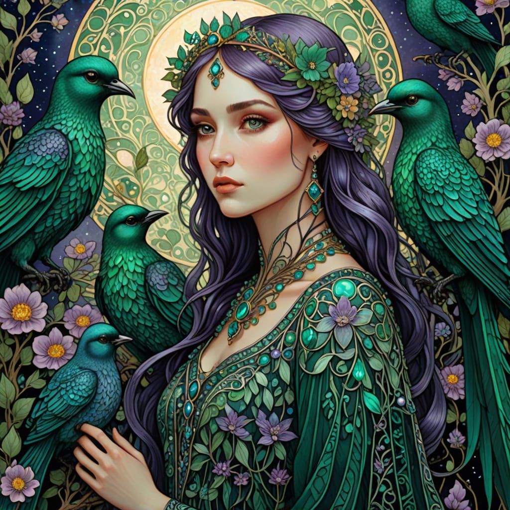  Gorgeous Welsh goddess Rhiannon with fear and warning in her hyper-detailed gorgeous eyes. 3 mystical fantasy birds, a large alexandrite ba...