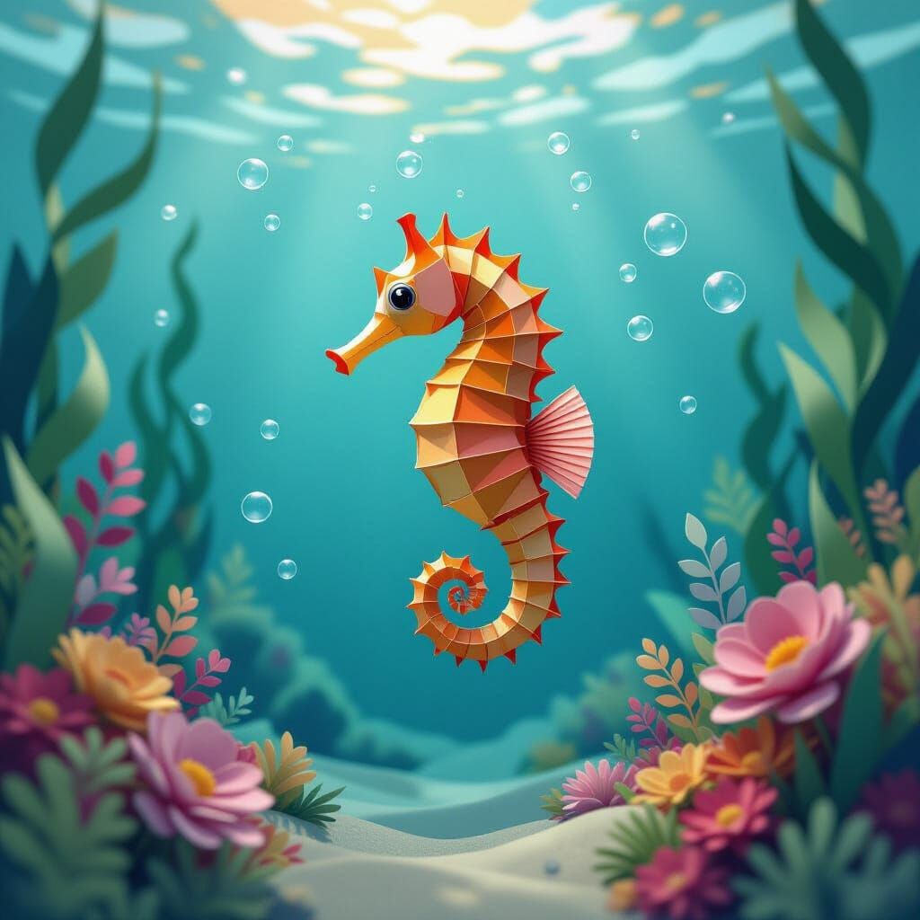 Underwater Diver with Colorful Seahorse in Origami Style