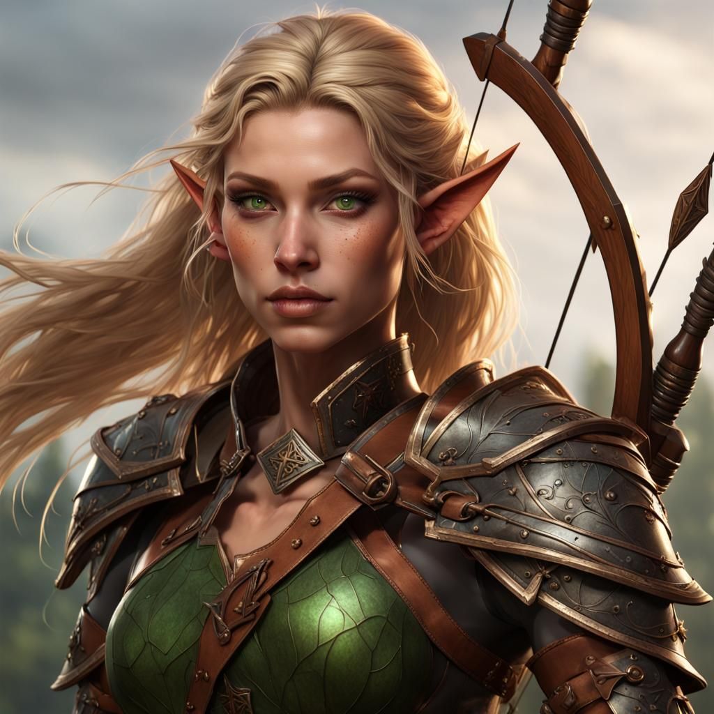 a pretty, slick wood elf with a dark copper skin. She holds a bow, she ...