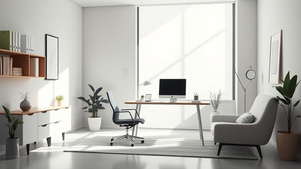 Minimalist office, stylish modern furniture, soft natural li...