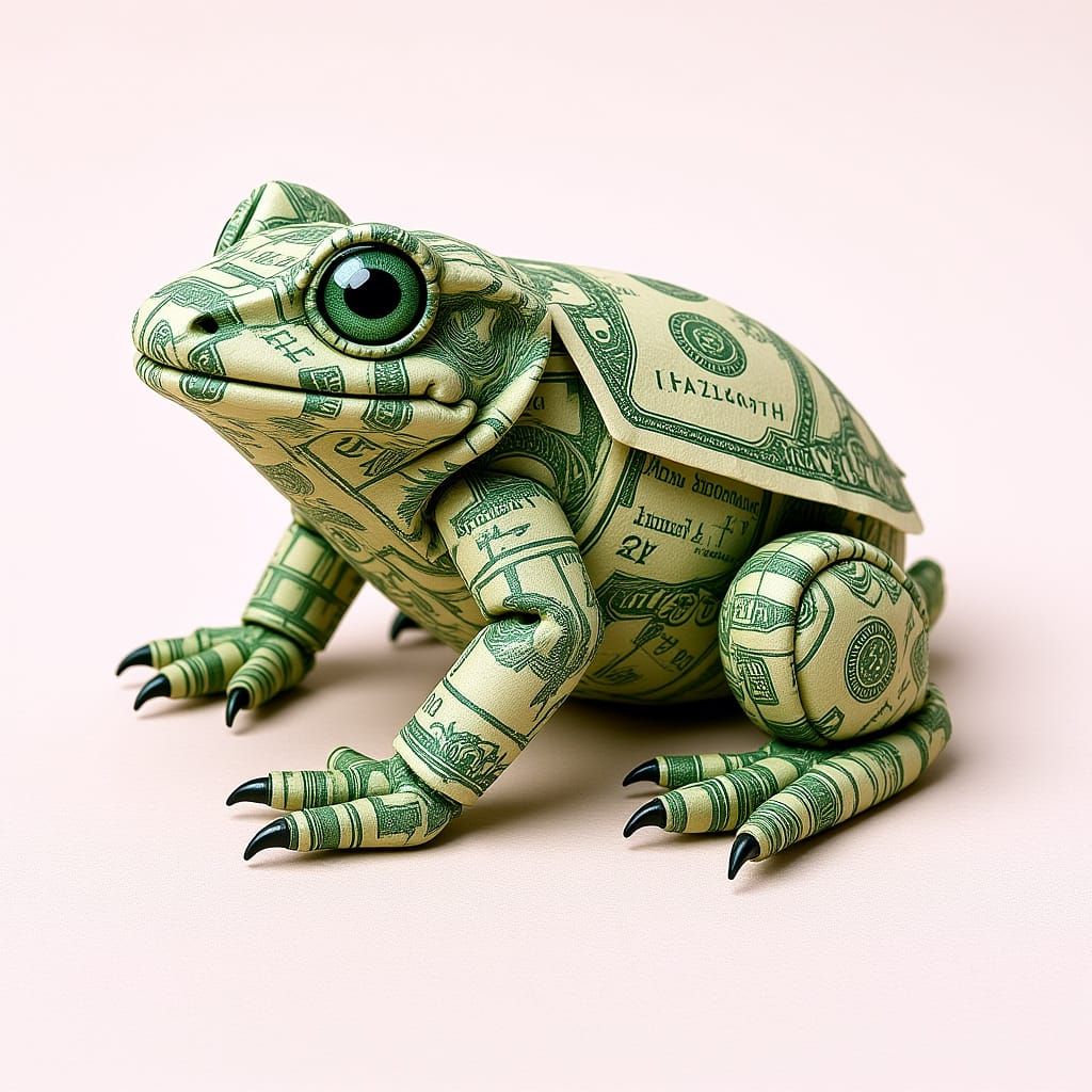 An origami frog folded from crisp dollar bills  by @Horse-T