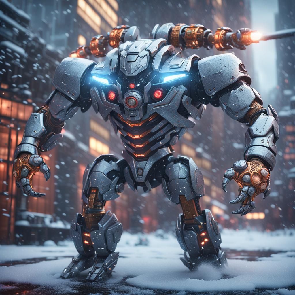 a mighty body builder robot with snake head, winter season, ...