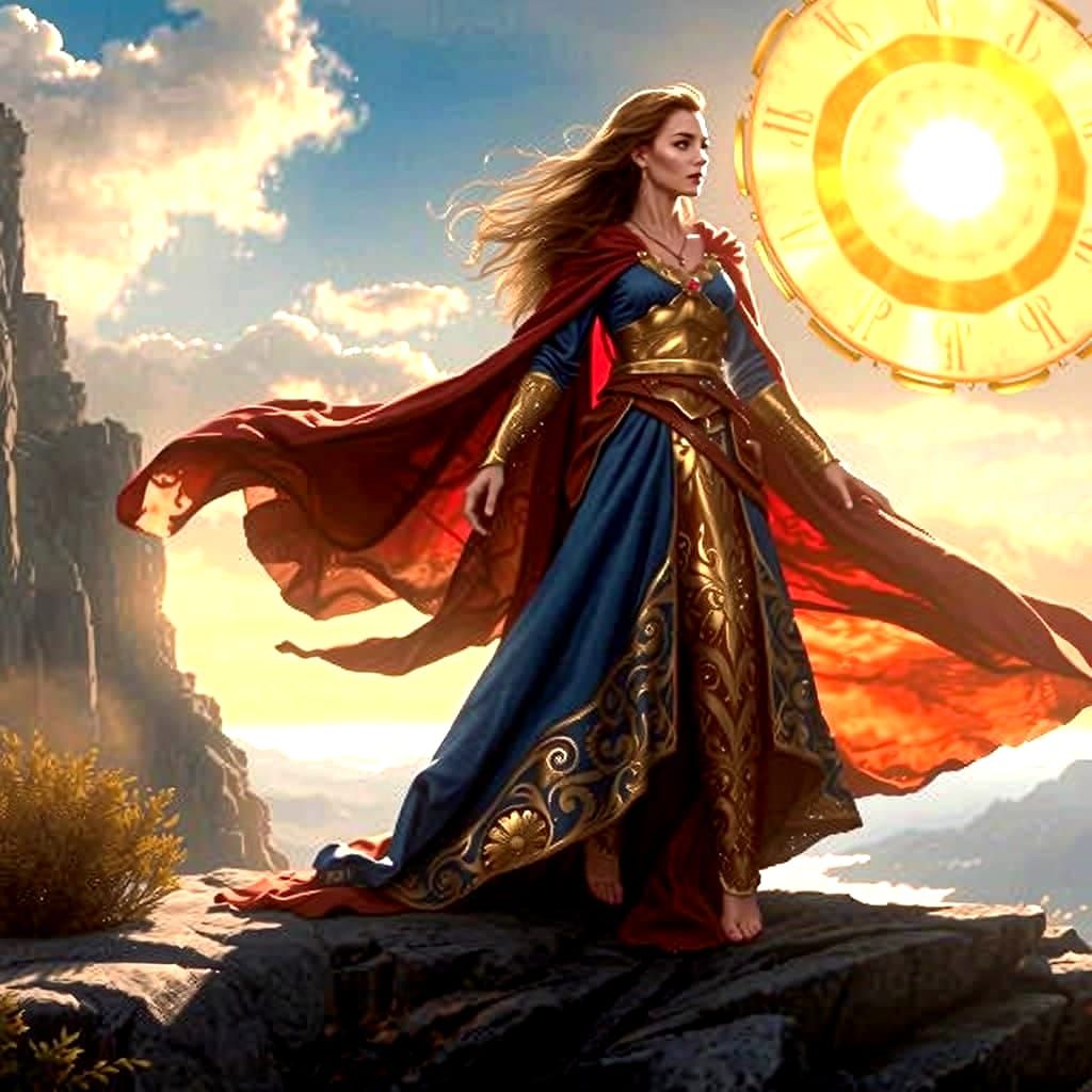 Heroic Woman Stands Tall in Vibrant Fantasy Landscape