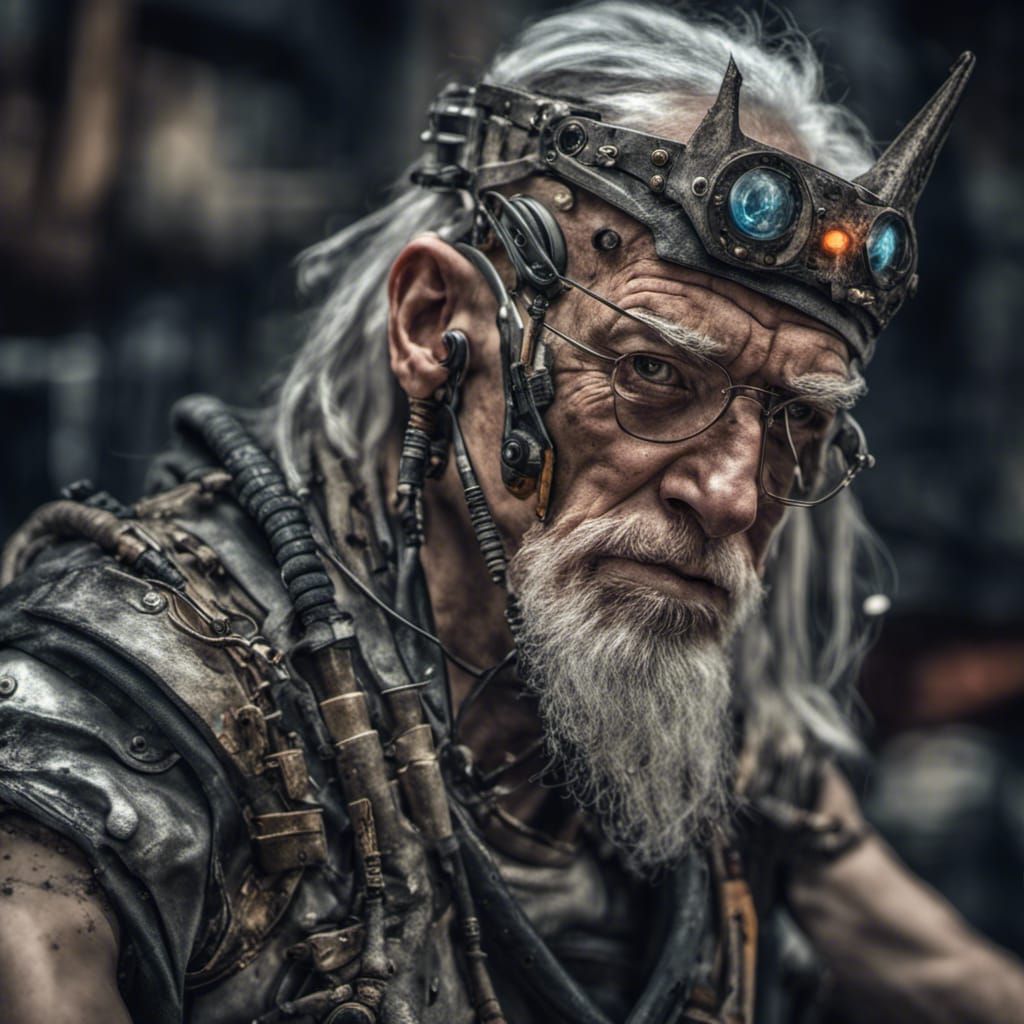 Portrait of a cyborg/ human older male who is gender fluid and is a wizard ready for battle in an post ...  by @Wizard 