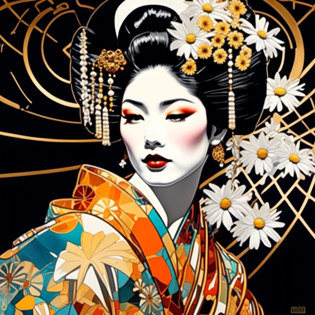 Geisha with daisies with Black and white irridescent drawing of J. C ...