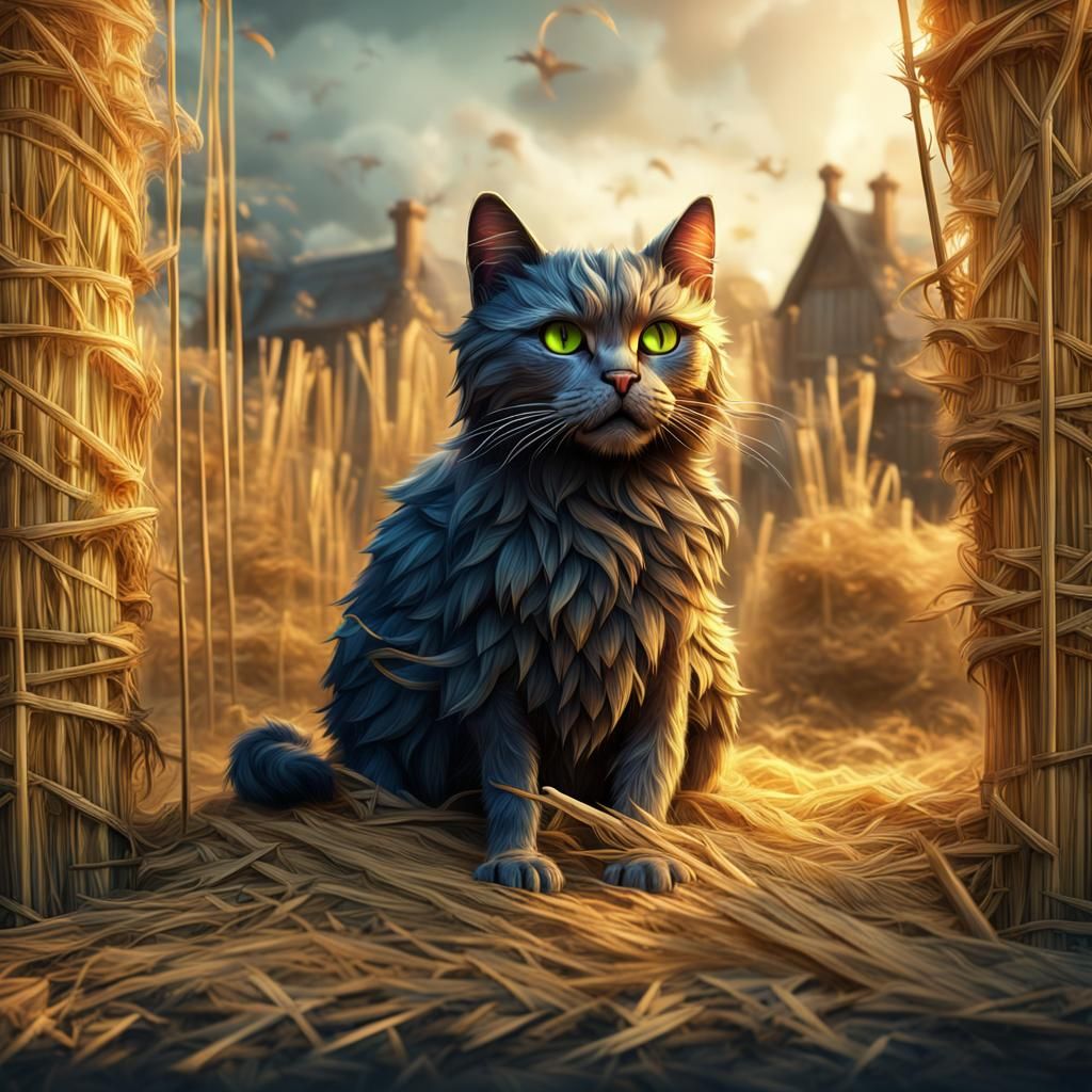 A cat made out of hay straws