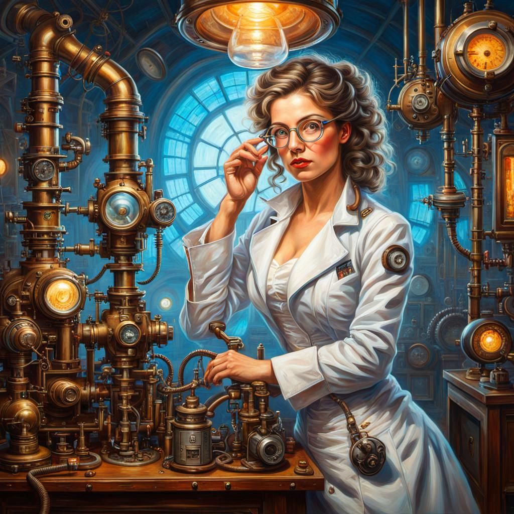 Beautiful risqué flirtatious Female mad scientist wearing gl...
