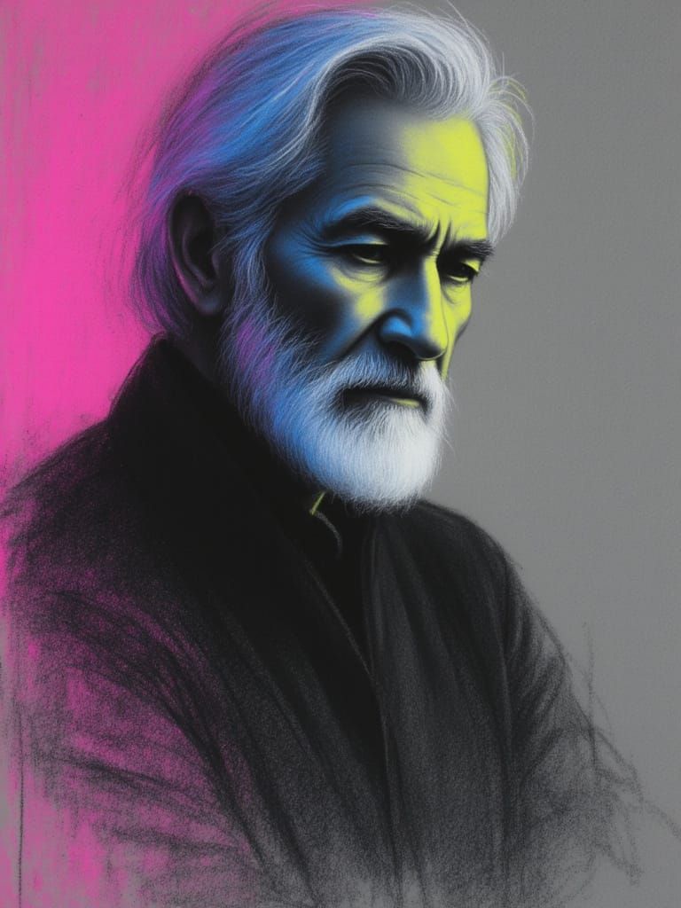 <lora:Neon Charcoal:1.0> Half body length of an elderly bearded male with created in neon charcoal