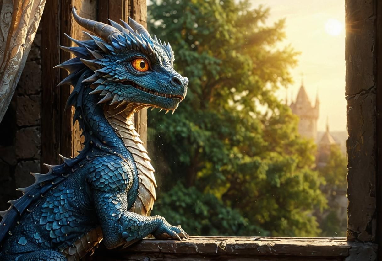 A YOUNG D&D TYPE INTRICATE DRAGON SITTING ON A MEDIEVAL WINDOW SILL WAITING FOR HIS OWNER TO COME HOME LIKE A PUPPY, PHOTO FROM OUTSIDE LOOK...