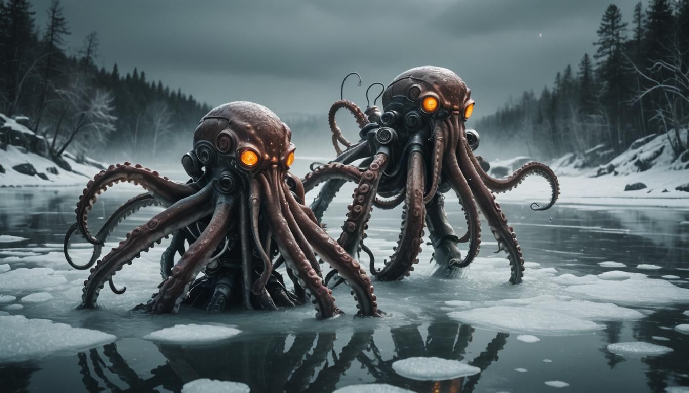 octopus wearing power armor holding plasma rifles in three a...