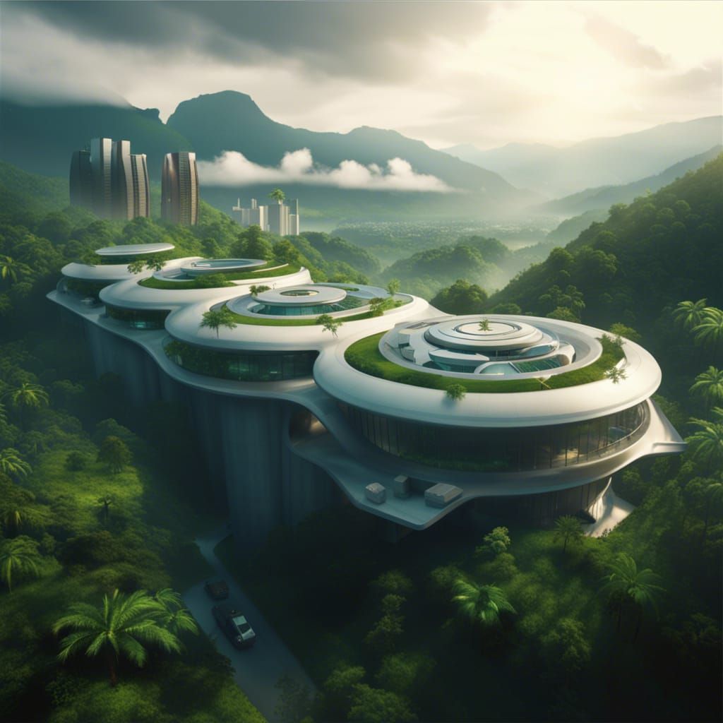 extreme wide shot a futuristic containment building in a rai...