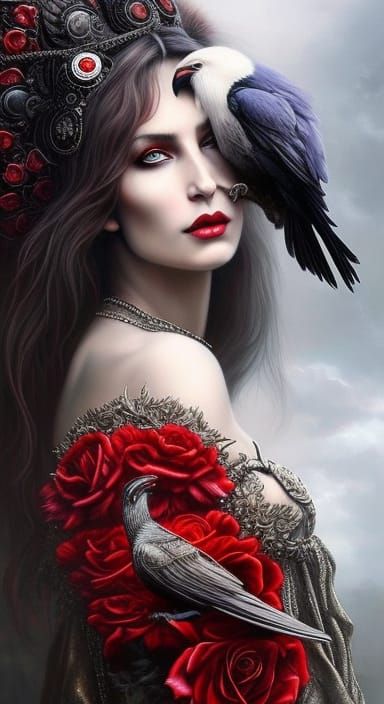Gothic Raven Goddess Portrait in Hyperrealistic Style