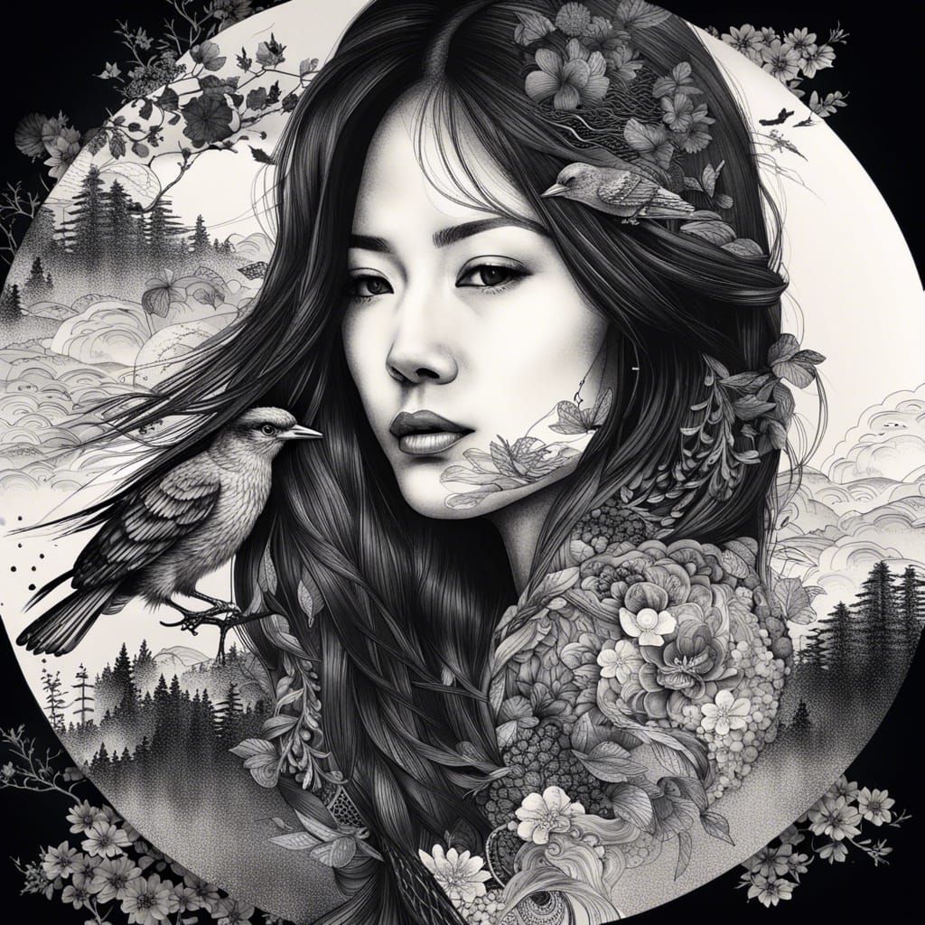 dark ink side portrait of a beautiful long hair asian woman double exposure with a mountain and forest ...  by @Valmond Teng