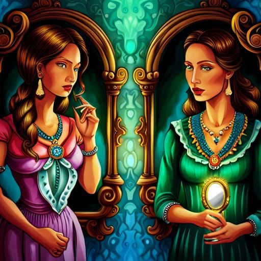 Woman looks into Magic Mirror on the wall, but a Voodoo Fantasy is