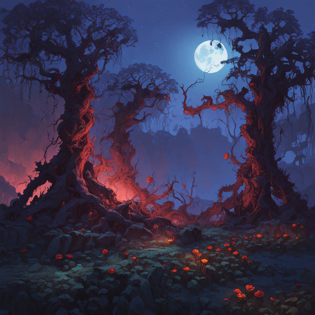 Mourning Cityscape at Dusk with Twisted Trees and Ivy