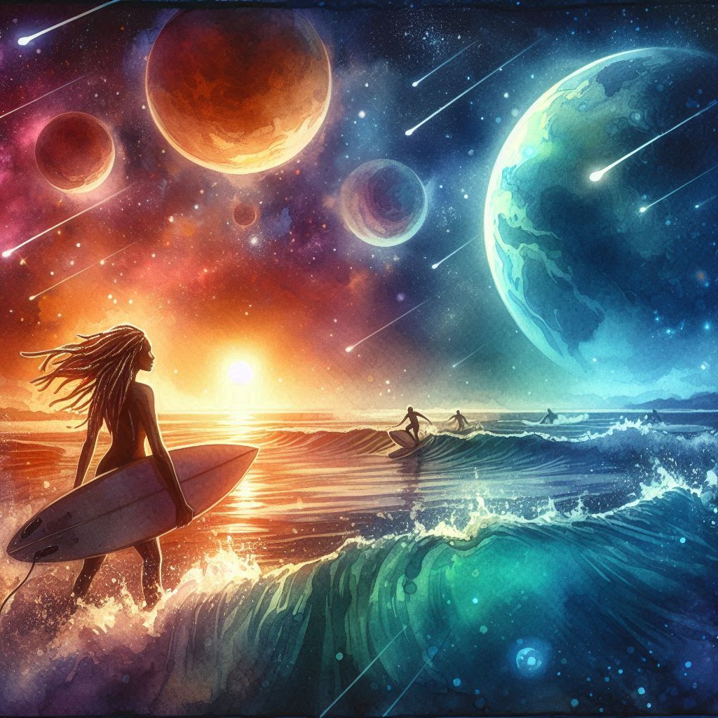 A surfer woman at night, doing some surfing while looking at...