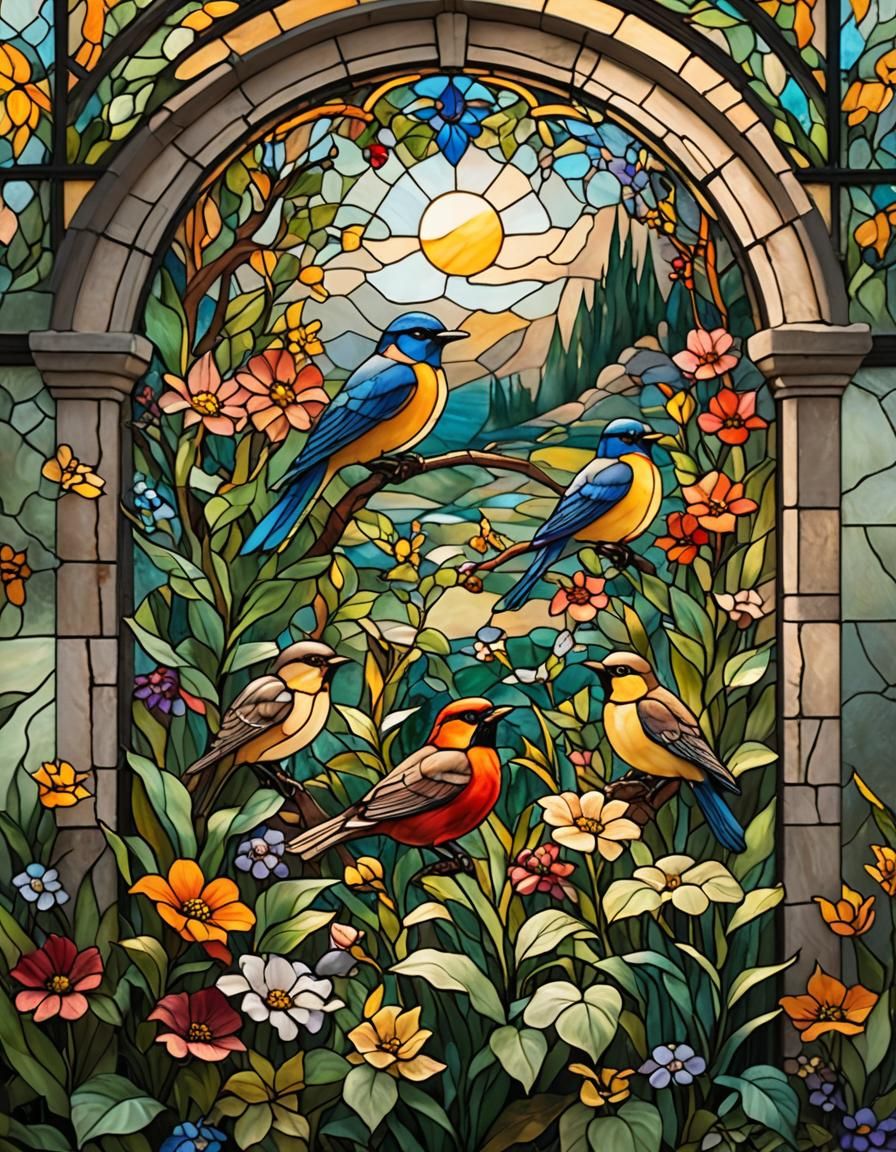A large stained glass window in a church, featuring a vibrant array of colors and intricate patterns. The window depicts a garden scene, wit...