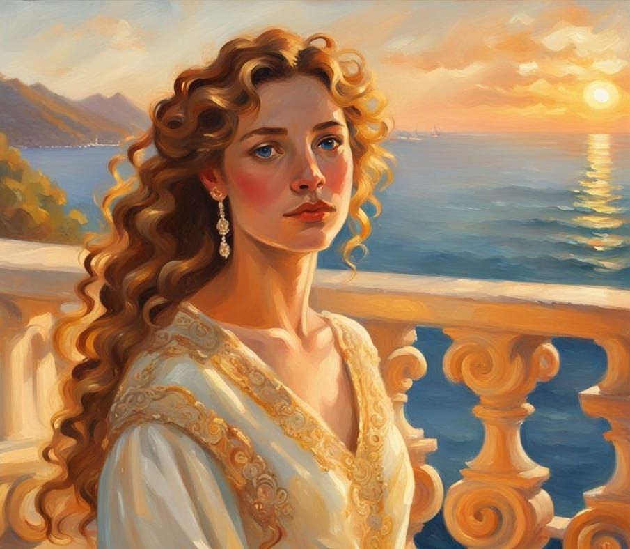 Beautiful Woman Overlooking Sunrise, Oil Painting