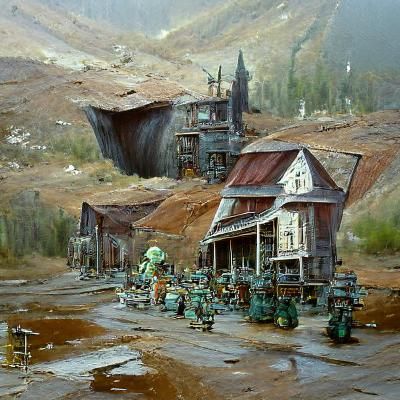 Abandoned mining town with small goblins