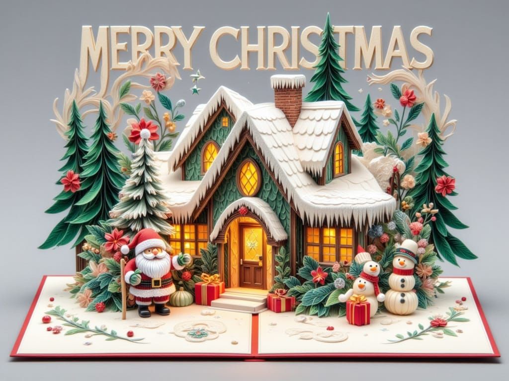 Holiday pop up Cards: an elegant, bold text "MERRY CHRISTMAS " on a pop-up postcard. A 3D quilted origami paper art in the style winter illu...