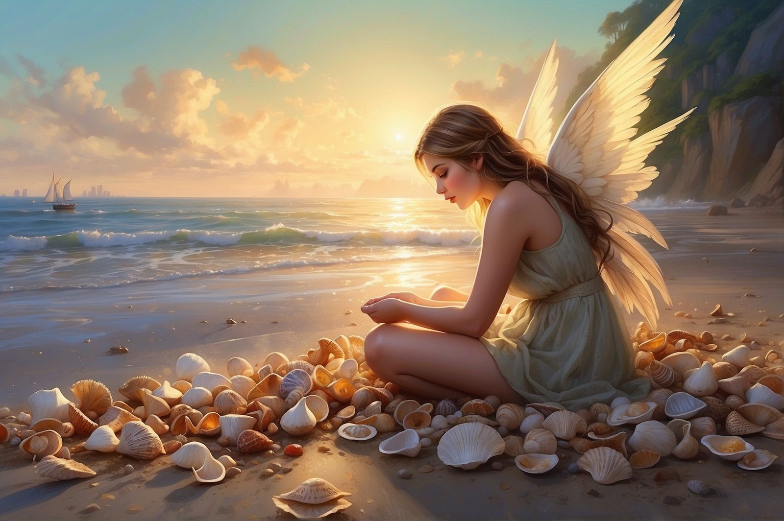 Winged Fairy Examining Seashells