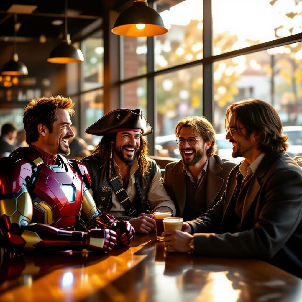 Iconic Movie Heroes Laughing in Cafe