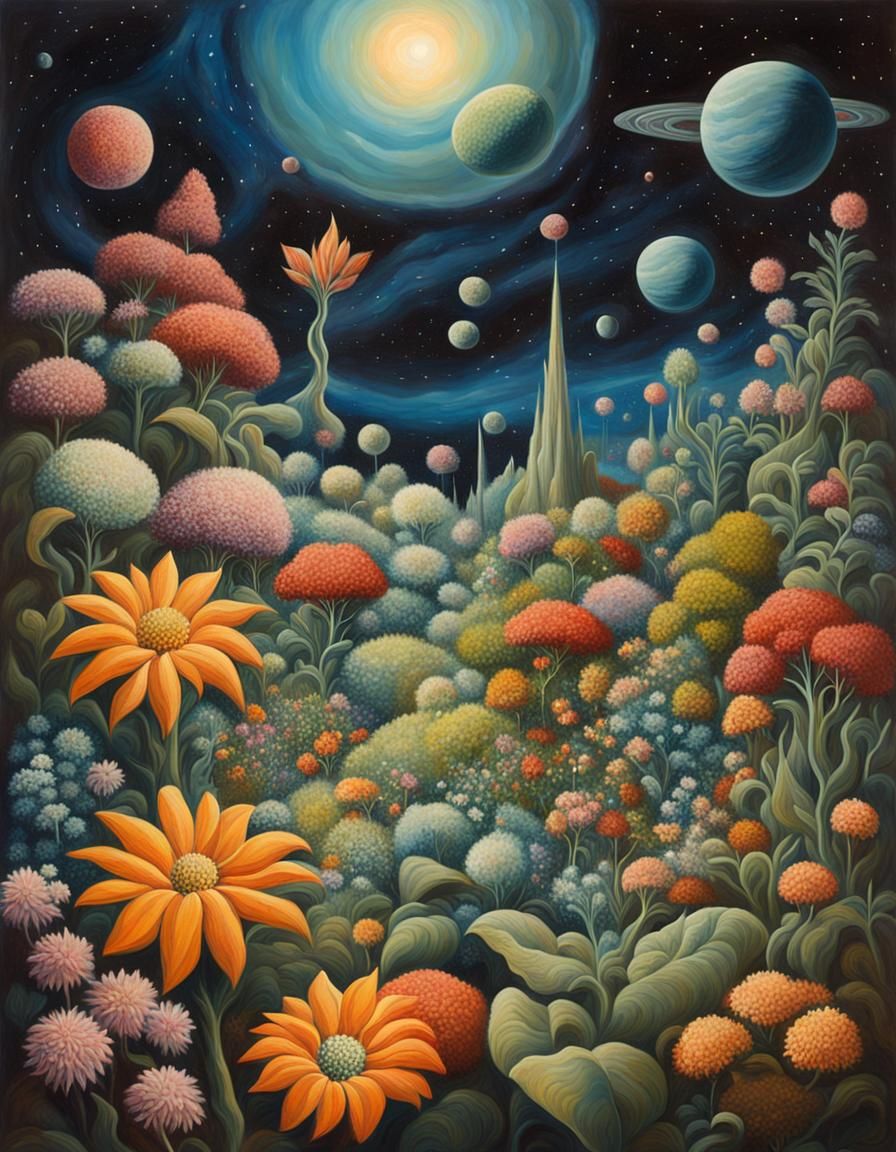 Galactic Garden: A surreal scene where a garden of earthly p...